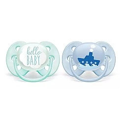 Ultra Soft pacifiers 0-6m blue with Boat and Hello decor
