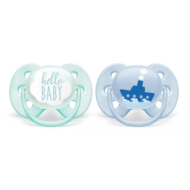 Ultra Soft pacifiers 0-6m blue with Boat and Hello decor
