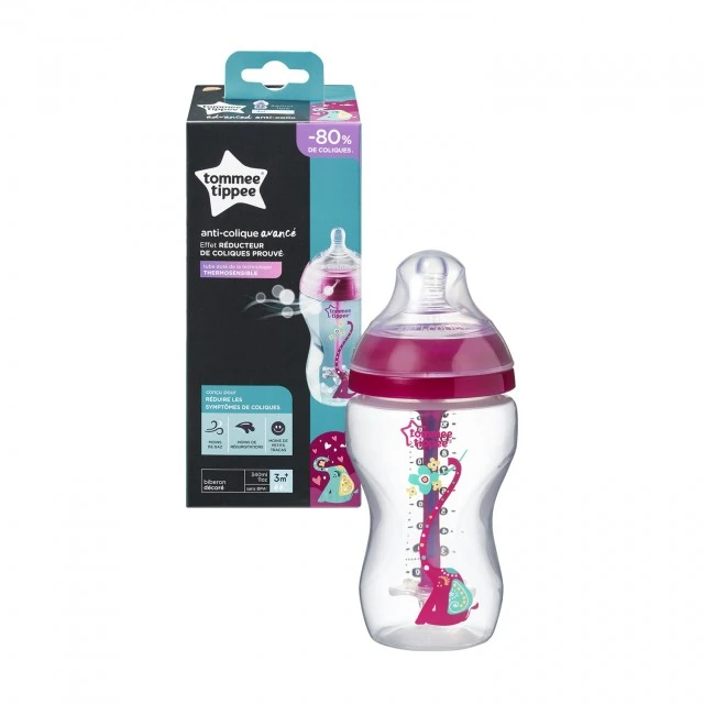Tommee Tippee Шише за хранене Advanced Anti-Colic 3м+, 340 мл, Розово с декорация