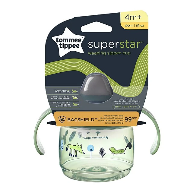 SuperStar Spill-proof cup with soft tip with handles 190 ml 4m+, BACSHIELD, green