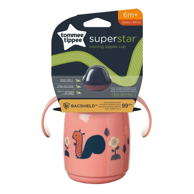 SuperStar Неразливаща се чаша с мек накрайник с дръжки 300 мл 6м+, BACSHIELD, розова