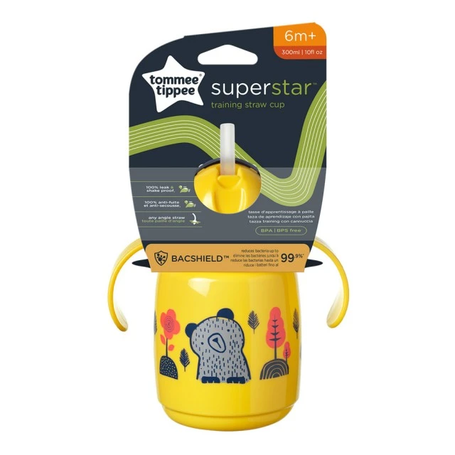 SuperStar non-spill straw cup with handles 300 ml 6m+, BACSHIELD, yellow