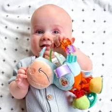 Мека плюшена дрънкалка PLAYGRO Кончето Хоп Троп, със 6 активности, 3м+, Синя