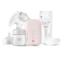 Единична електрическа помпа Natural Motion Philips AVENT SCF395/31 Advanced с 1 бр. полипропиленово шише от 125 мл с биберон Natural Response 0м+, 5 бр. торбички за кърма и 4 бр. подплънки