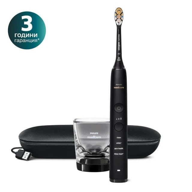 Звукова електрическа четка Philips Sonicare DiamondClean 9000 HX9911/17, с глава „всичко в едно“ A3 Premium, 4 режима, 3 интензитета, калъф с USB зареждане, Bluetooth