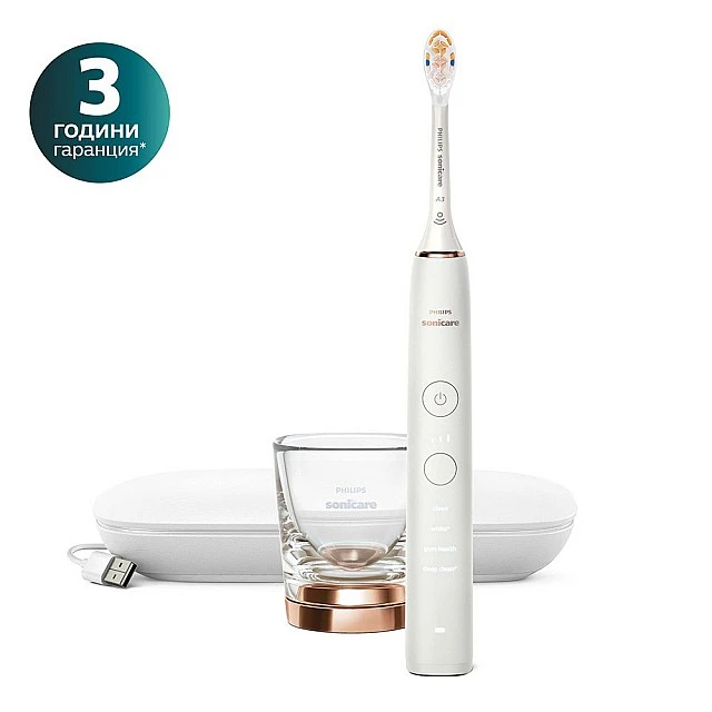 Звукова електрическа четка Philips Sonicare DiamondClean 9000 HX9911/23, с глава „всичко в едно“ A3 Premium, 4 режима, 3 интензитета, калъф с USB зареждане, Bluetooth