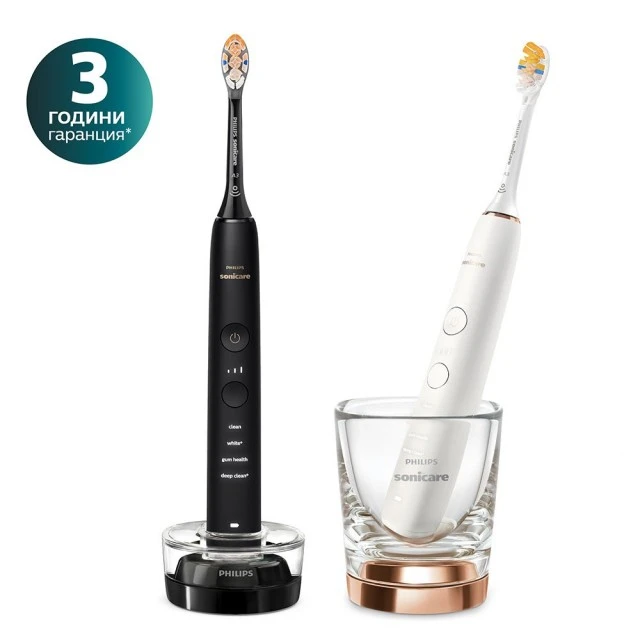 Комплект от 2 бр. звукови електрически четки Philips Sonicare DiamondClean 9000 HX9914/69, с глава „всичко в едно“ A3 Premium, 4 режима, 3 интензитета, Bluetooth