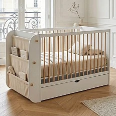 Wooden children's bed-crib Salonica 60/120 cm, without wheels, 5 levels of the mattress frame, set for co-sleeping, drawer, side organizer, transformation into a sofa and desk