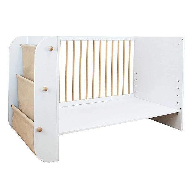 Wooden children's bed-crib Salonica 60/120 cm, without wheels, 5 levels of the mattress frame, set for co-sleeping, drawer, side organizer, transformation into a sofa and desk