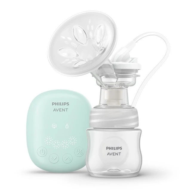 Set of Philips AVENT Essential Single Electric Breast Pump, 1 Natural Response 125 ml bottle, 5 breast milk bags and 4 pads