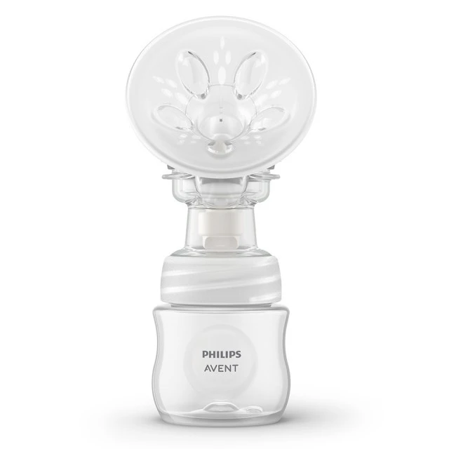 Set of Philips AVENT Essential Single Electric Breast Pump, 1 Natural Response 125 ml bottle, 5 breast milk bags and 4 pads