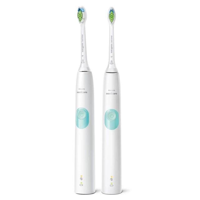 Philips Sonicare ProtectiveClean Series 4300 HX6807/35 set includes 2 white electric sonic toothbrushes with elegant cases and 1 charger