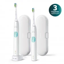Комплект Philips Sonicare ProtectiveClean Series 4300 HX6807/35 включва 2 броя бели електрически звукови четки за зъби с елегантни калъфчета и 1 зарядно устройство