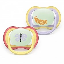 2 glow-in-the-dark orthodontic silicone pacifiers Philips AVENT SCF376/25 Ultra Air NightTime, 0-6m, with pictures, in a sterilization box