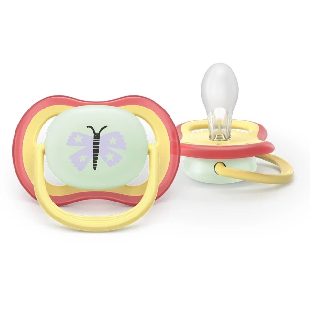2 glow-in-the-dark orthodontic silicone pacifiers Philips AVENT SCF376/25 Ultra Air NightTime, 0-6m, with pictures, in a sterilization box