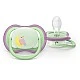 2 броя светещи в тъмното, ортодонтски силиконови залъгалки Philips AVENT SCF376/29 Ultra Air NightTime, 6-18м, с картинки, в кутия за стерилизиране