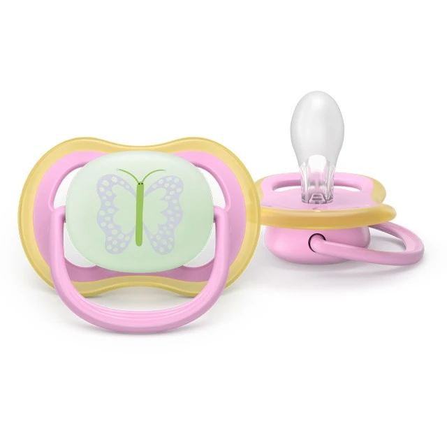 2 броя светещи в тъмното, ортодонтски силиконови залъгалки Philips AVENT SCF376/29 Ultra Air NightTime, 6-18м, с картинки, в кутия за стерилизиране