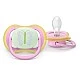 2 броя светещи в тъмното, ортодонтски силиконови залъгалки Philips AVENT SCF376/29 Ultra Air NightTime, 6-18м, с картинки, в кутия за стерилизиране