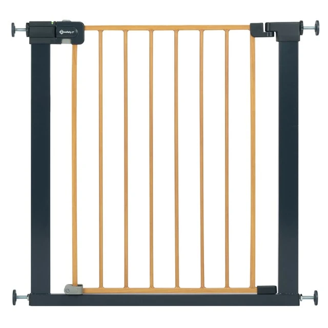 Universal metal safety barrier for doors and stairs SAFETY 1st with an elegant design in wood effect, for openings from 73 to 80 cm