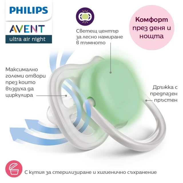 2 glow-in-the-dark orthodontic silicone pacifiers Philips AVENT SCF376/25 Ultra Air NightTime, 0-6m, with pictures, in a sterilization box