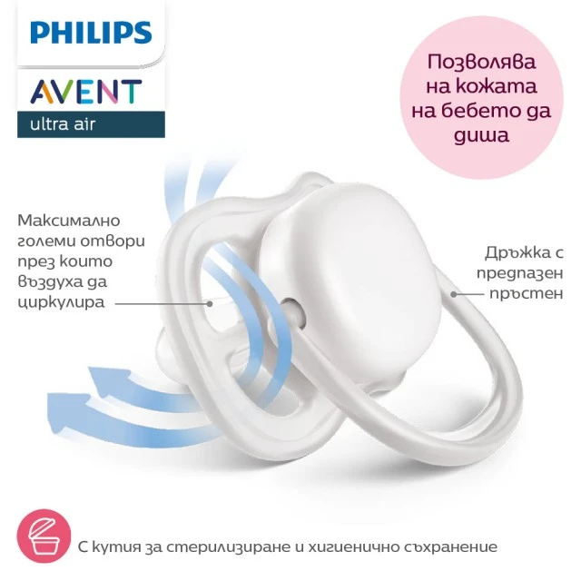 2 pieces of orthodontic silicone pacifiers Philips AVENT SCF349/47 Ultra Air, 18m+, with pictures, in a sterilization box