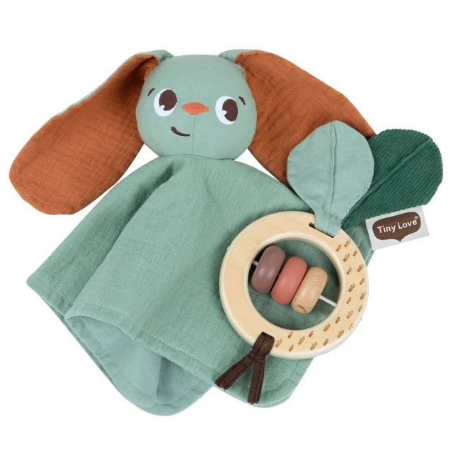 Newborn set muslin cuddle toy Rabbit and wooden rattle Eco collection Garden of Adventures Tiny Love, 0m+
