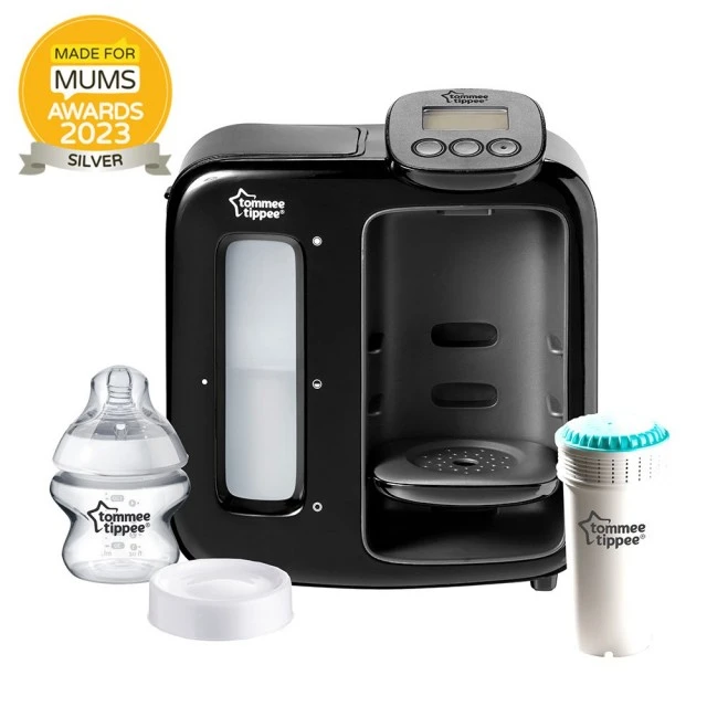 Уред за приготвяне на адаптирано мляко Tommee Tippee Perfect Prep Day & Night с дигитален дисплей и мека нощна светлина, включен филтър за вода и шише 125 мл 0м+