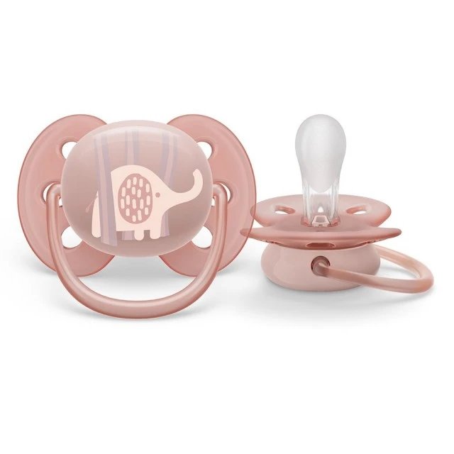Set of 2 orthodontic pacifiers Philips AVENT SCF091/09 Ultra Soft 0-6m, with Elephant and Palm decorations, in a sterilization box