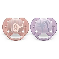 Set of 2 orthodontic pacifiers Philips AVENT SCF091/09 Ultra Soft 0-6m, with Elephant and Palm decorations, in a sterilization box