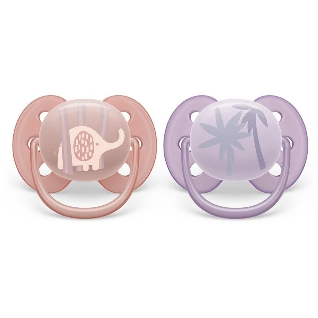 Set of 2 orthodontic pacifiers Philips AVENT SCF091/09 Ultra Soft 0-6m, with Elephant and Palm decorations, in a sterilization box