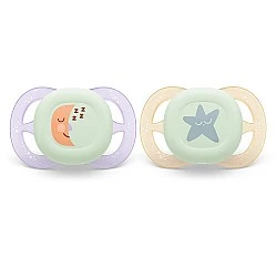 2 pcs. glow in the dark orthodontic pacifiers for newborns Philips AVENT SCF075/07 Ultra Start Night 0-2m, in orange and purple with moon and stars decor, in a sterilization box