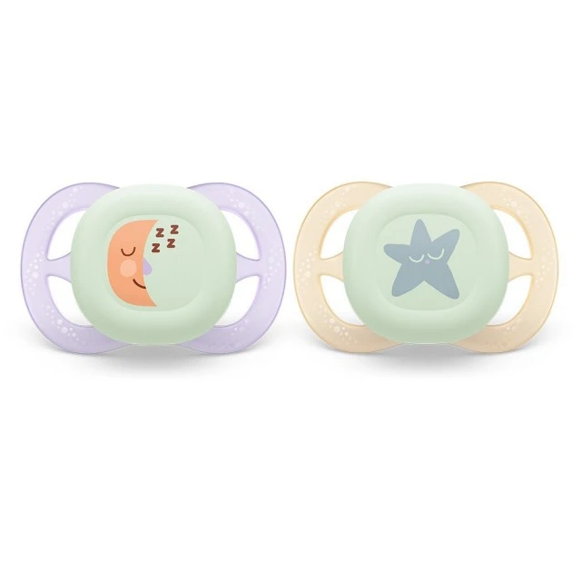 2 pcs. glow in the dark orthodontic pacifiers for newborns Philips AVENT SCF075/07 Ultra Start Night 0-2m, in orange and purple with moon and stars decor, in a sterilization box