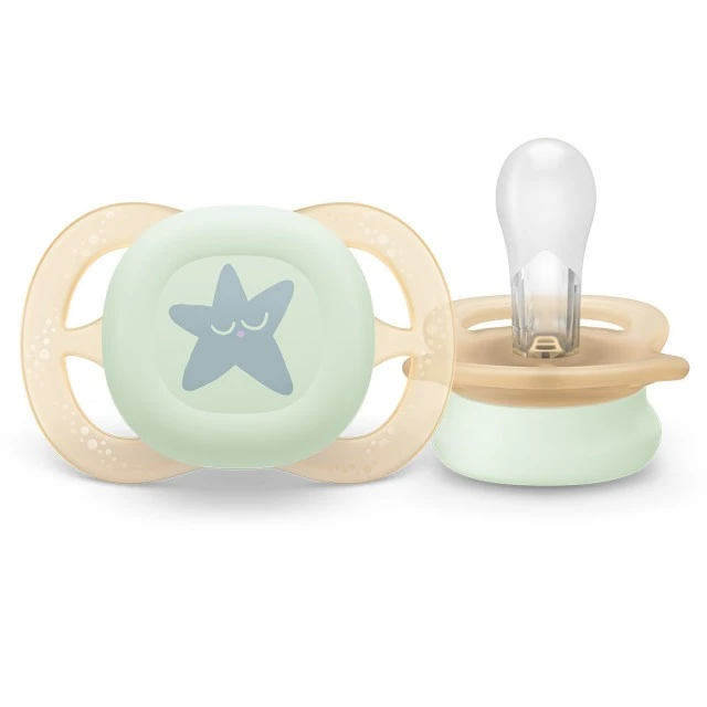 2 pcs. glow-in-the-dark orthodontic pacifiers for newborns Philips AVENT SCF075/17 Ultra Start Night 0-2m, in orange and purple with moon and stars decor, in a sterilization box