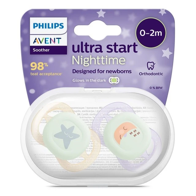 2 pcs. glow in the dark orthodontic pacifiers for newborns Philips AVENT SCF075/07 Ultra Start Night 0-2m, in orange and purple with moon and stars decor, in a sterilization box