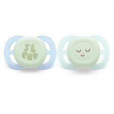 2 pcs. glow in the dark orthodontic pacifiers for newborns Philips AVENT SCF075/08 Ultra Start Night 0-2m, in blue and green with Sleep decor, in a sterilization box