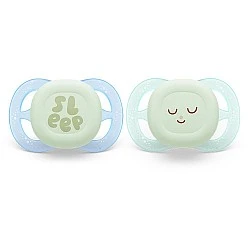 2 pcs. glow in the dark orthodontic pacifiers for newborns Philips AVENT SCF075/08 Ultra Start Night 0-2m, in blue and green with Sleep decor, in a sterilization box