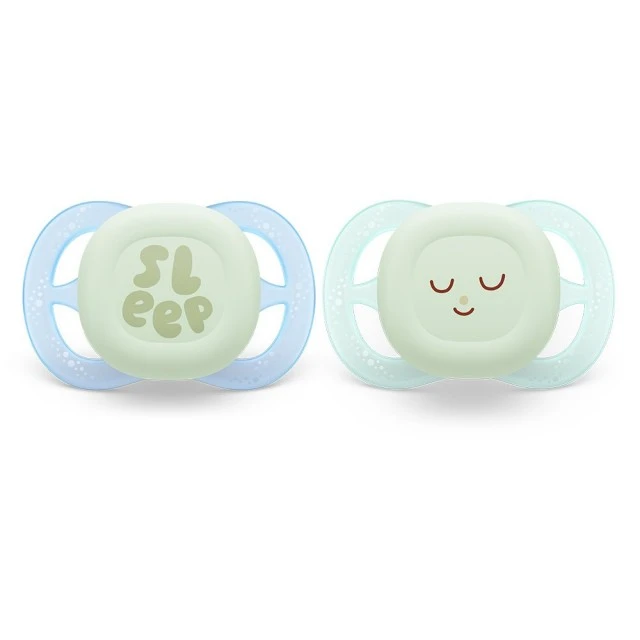 2 pcs. glow in the dark orthodontic pacifiers for newborns Philips AVENT SCF075/08 Ultra Start Night 0-2m, in blue and green with Sleep decor, in a sterilization box