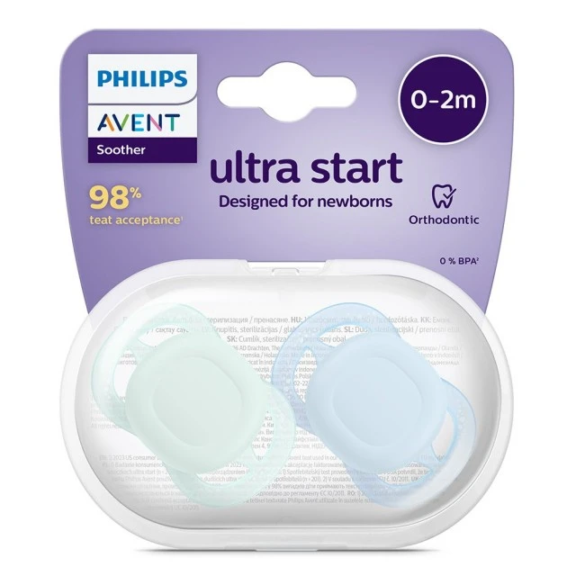 Set of 2 orthodontic pacifiers for newborns Philips AVENT SCF075/02 Ultra Start 0-2m, in blue and green, in a sterilization box