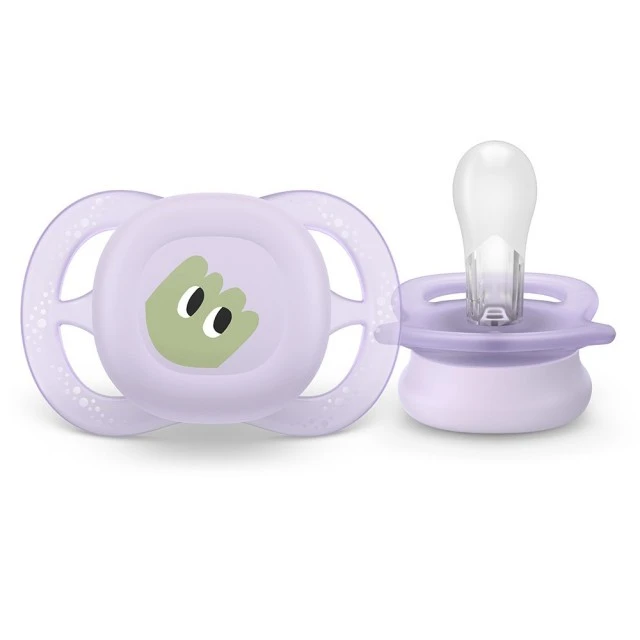 Set of 2 orthodontic pacifiers for newborns Philips AVENT SCF075/03 Ultra Start 0-2m, in orange and purple with funny design eyes, in a sterilization box