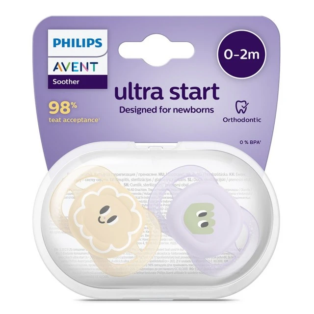 Set of 2 orthodontic pacifiers for newborns Philips AVENT SCF075/03 Ultra Start 0-2m, in orange and purple with funny design eyes, in a sterilization box