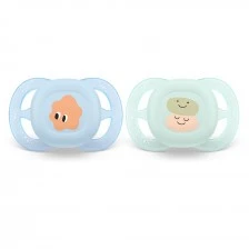 Комплект от 2 бр. ортодонтични залъгалки за новородени Philips AVENT SCF075/04 Ultra Start 0-2м, в синьо и зелено със забавен декор, в кутия за стерилизиране