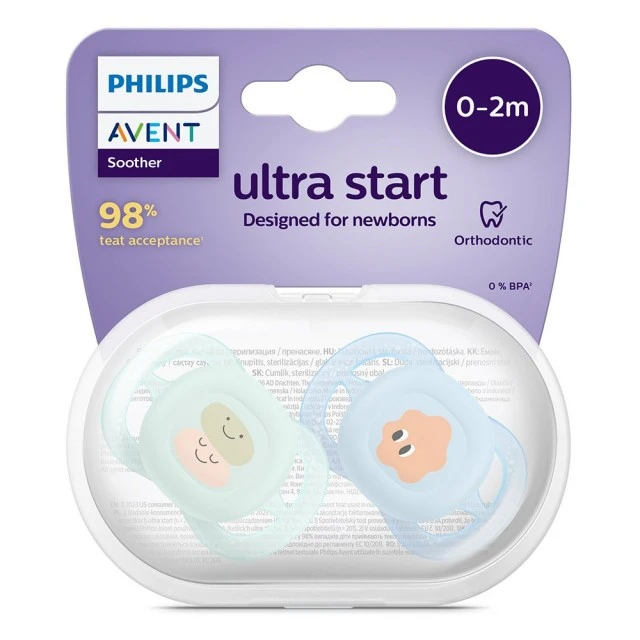 Set of 2 orthodontic pacifiers for newborns Philips AVENT SCF075/04 Ultra Start 0-2m, in blue and green with fun decor, in a sterilization box