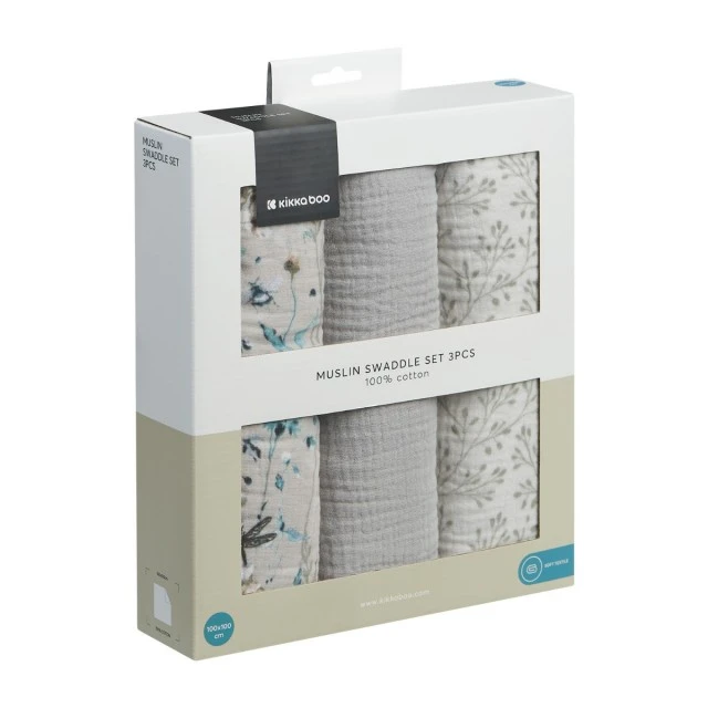 Set of 3 muslin diapers 100x100 cm Dreamy Fields Grey