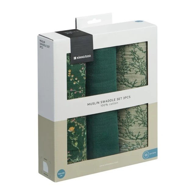 Set of 3 muslin diapers 100x100 cm Secret Garden Green