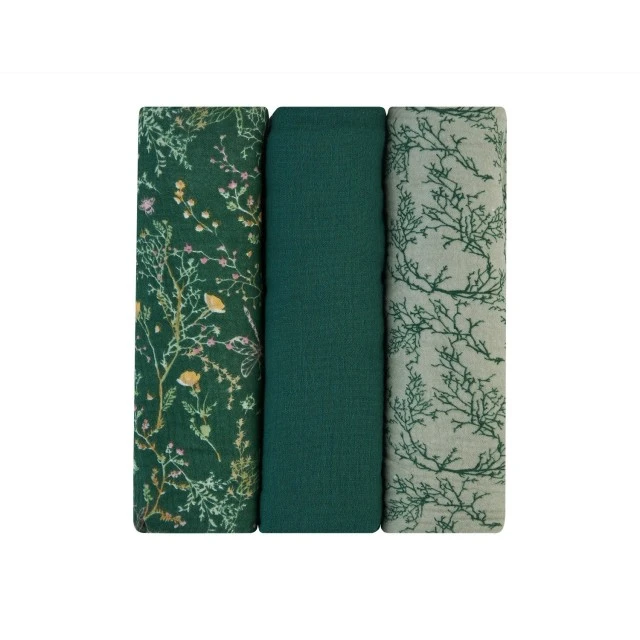 Set of 3 muslin diapers 100x100 cm Secret Garden Green