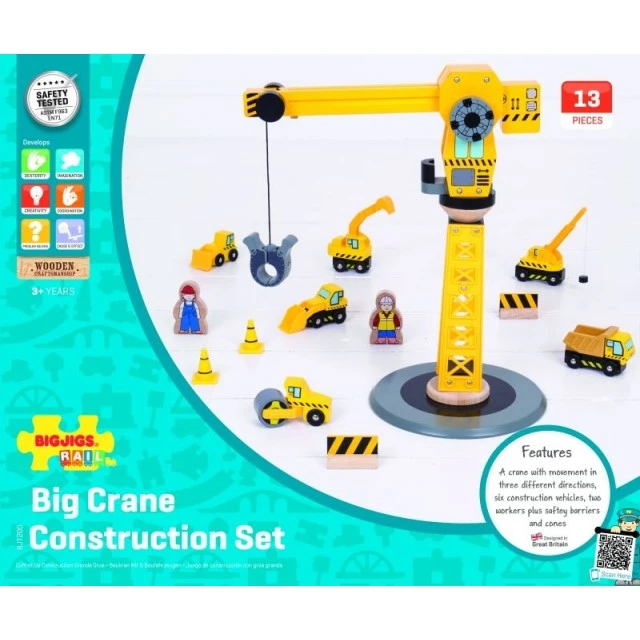 Bigjigs - Дървен строителен комплект с кран