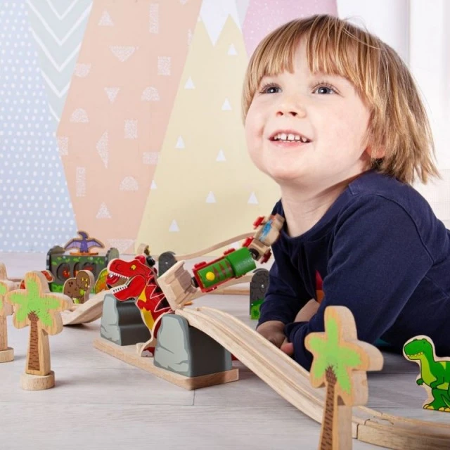 Bigjigs - Дървен комплект - Т-Рекс чупи моста