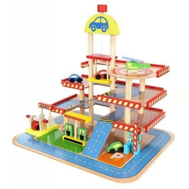 Large wooden three-story parking lot
