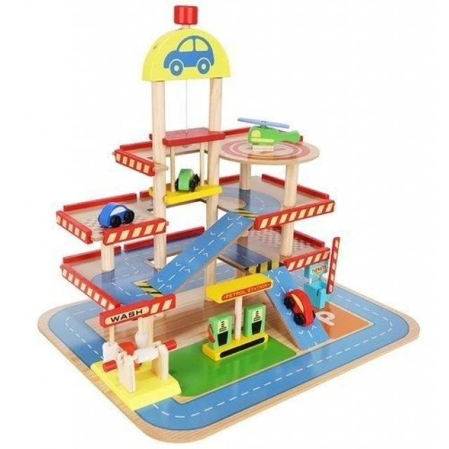 Large wooden three-story parking lot