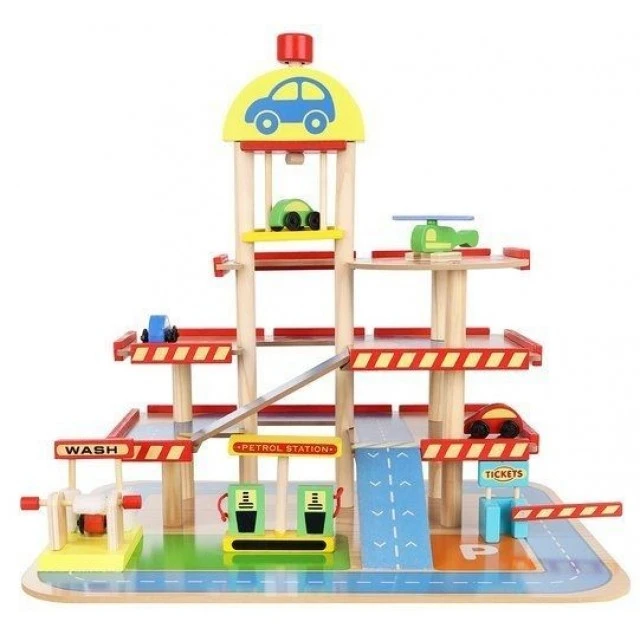 Large wooden three-story parking lot
